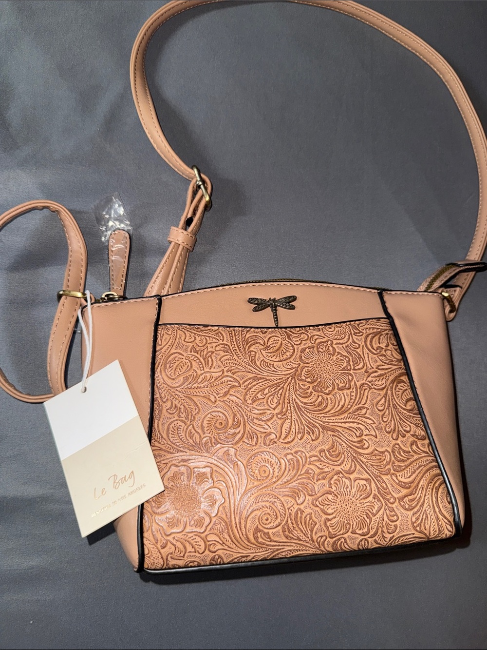 Embossed Pink-Tan Floral Crossbody with Dragonfly Accent